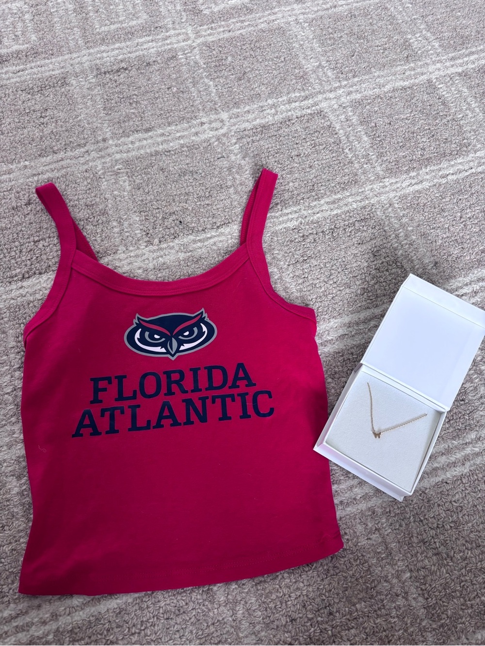Bella Canvas Red FAU Tank Top with Navy Logo and a butterfly necklace